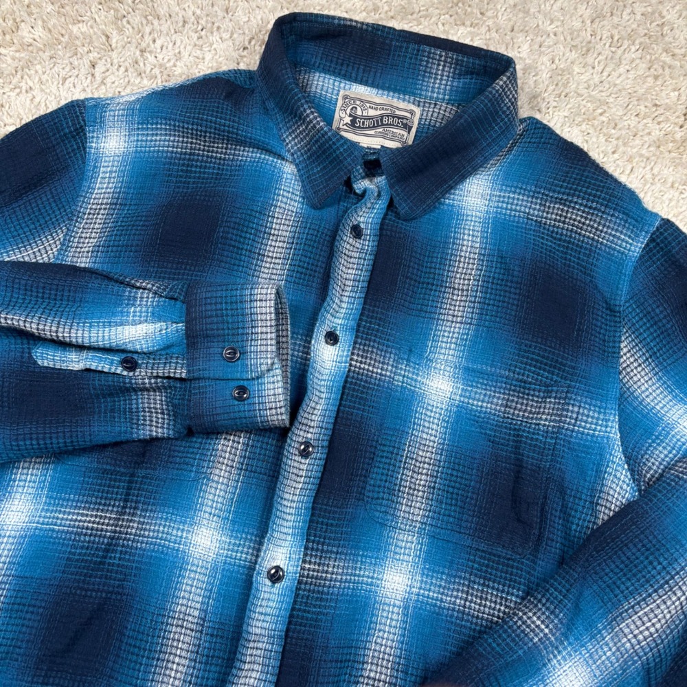 Schott Bros Plaid Flannel Shirt Mens XL Blue Waffle Weave Cotton Long Sleeve